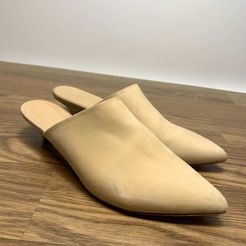 Jenni‎ Kayne Kitten Heel Mules Beige Oiled Leather Size 40 Pointed Toe Slip On